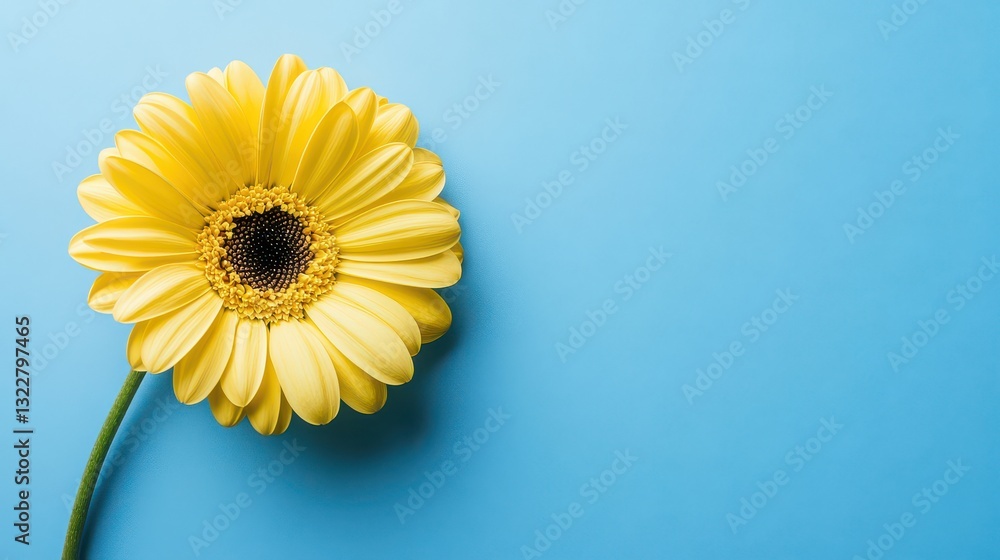 A bright yellow Gerbera Daisy with a smooth, plain light blue background, emphasizing the contrast between the colors. A bright yellow Gerbera Daisy with a smooth, plain light blue background, emphasizing the contrast between the colors.