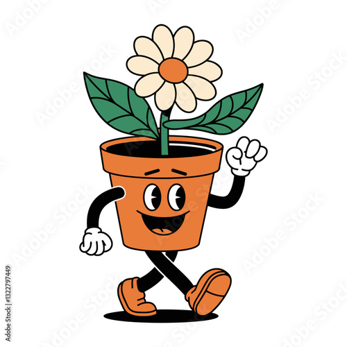 Vector cartoon character is walking in a pot with a flower. The character is smiling and he is happy