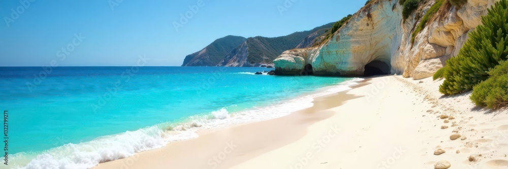 Fototapeta premium Azure waters lap white sand; sun-drenched cliffs rise behind , sea, waves, summer