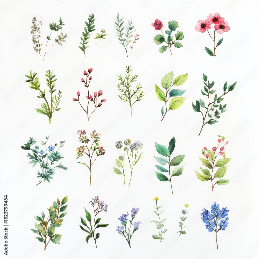 Soft Watercolored Botanical Elements Featuring Various Plants and Flowers Soft Watercolored Botanical Elements Featuring Various Plants and Flowers