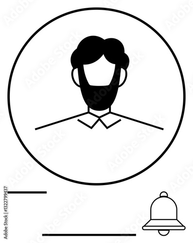 User profile image in a circle with a beard and collared shirt, paired with a bell icon symbolizing notifications. Ideal for account creation, alerts, updates, profiles, communication, reminders