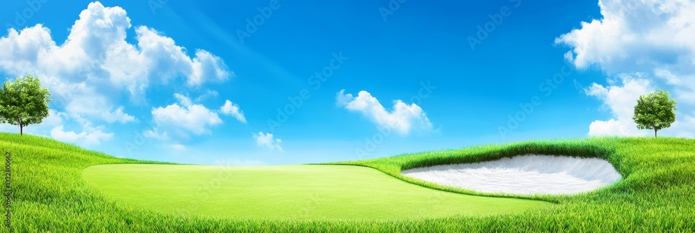 Obraz premium Serene Golf Course Landscape - Picturesque golf course scene with green grass, a sand bunker, and lush trees under a bright blue sky