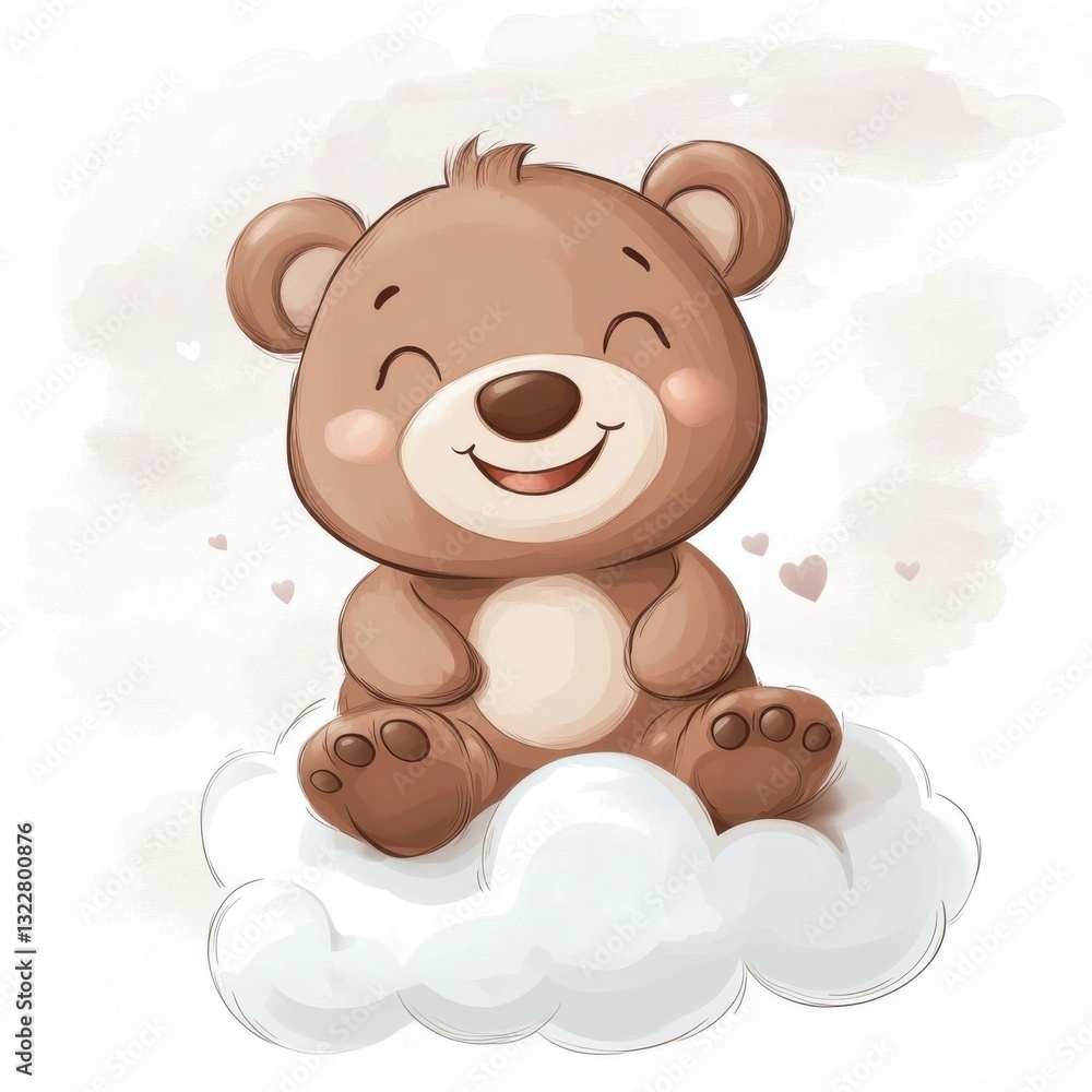 Obraz premium Sweet Little Animal Character Bear Sitting on Cloud with Hearts
