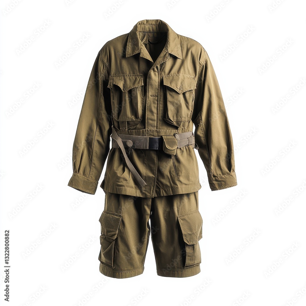 Military Inspired Uniform Mockup with Cargo Shorts and Belt Military Inspired Uniform Mockup with Cargo Shorts and Belt