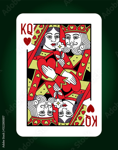 King and Queen couple Hearts suit, custom playing card. Editable stroke line. Vector illustration.
