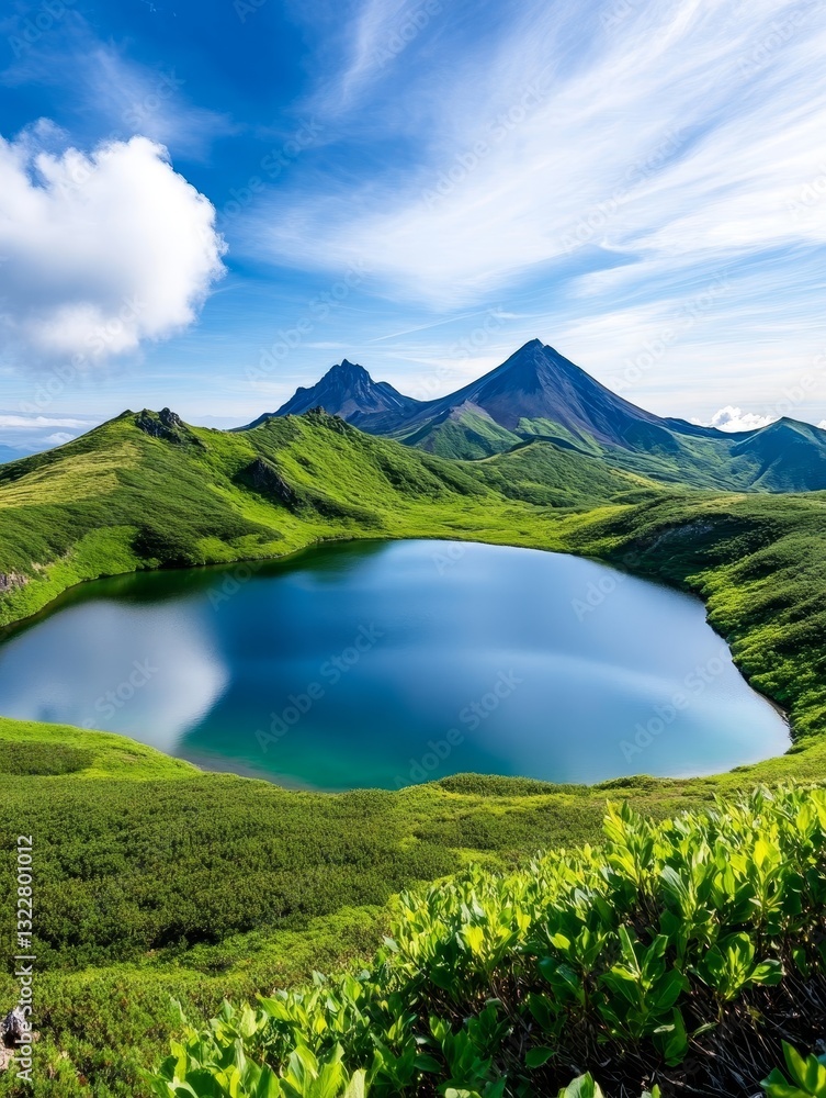 Fototapeta premium Serene Mountain Lake and Peaks - Breathtaking view of a pristine mountain lake nestled amidst lush green hills and majestic volcanic peaks under a vibrant blue sky