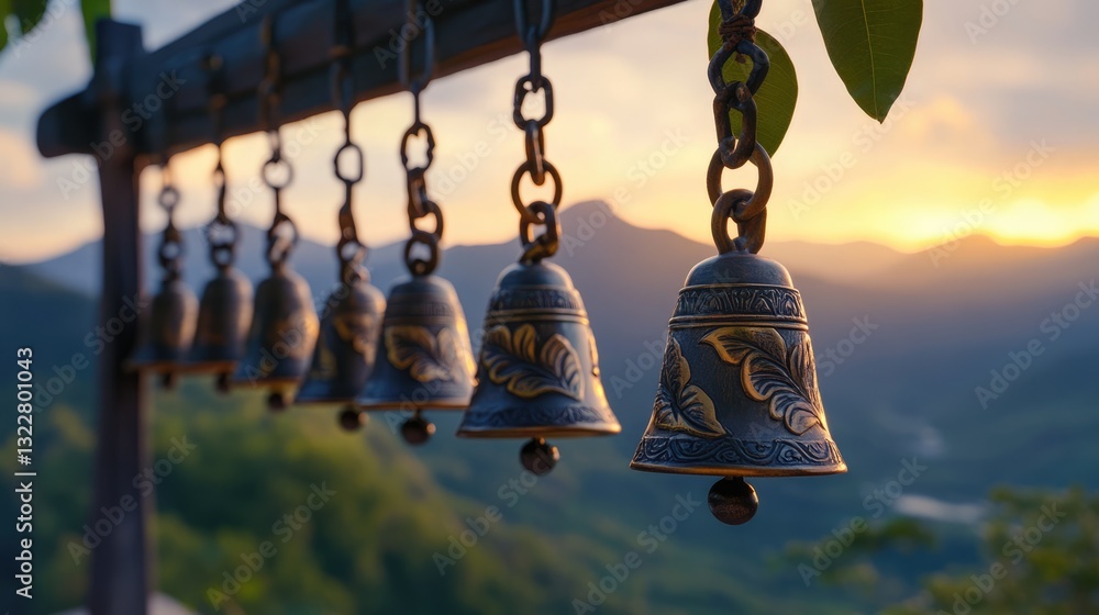 Obraz premium Ornate Bells Hanging Against a Sunset Mountain View