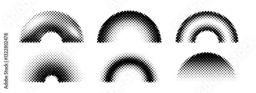 Black halftone arch collection. Different pixelated gradient arc set. Dotted pop art curve element bundle for collage, graphic design template, banner, poster, flyer. Vector comic bitmap warp pack