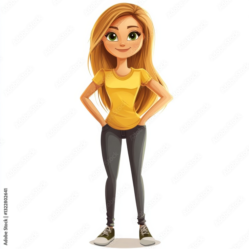 Fototapeta premium Cheerful Cartoon Teenage Girl Character with Long Hair in Yellow Shirt