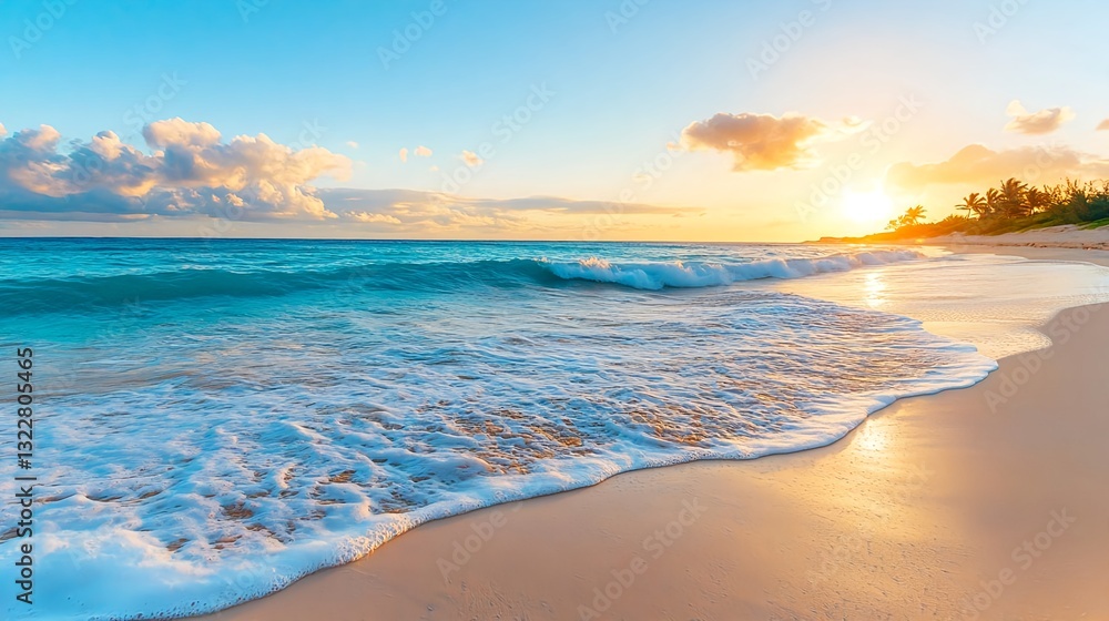 Obraz premium Serene Sunset Beach Scene, Ocean Waves - Golden hour photography