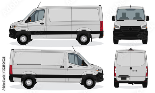 Vector Mockup - Realistic Car Van Sprinter vector isolated White Background Perfect for branding, print designs, template designs. With Side, Front, Rear Views