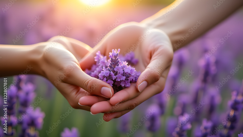 Two hands hold a small cluster of delicate purple flowers, surrounded by a vibrant lavender field, with soft sunlight creating a warm glow, evoking tenderness and appreciation for nature. Two hands hold a small cluster of delicate purple flowers, surrounded by a vibrant lavender field, with soft sunlight creating a warm glow, evoking tenderness and appreciation for nature.
