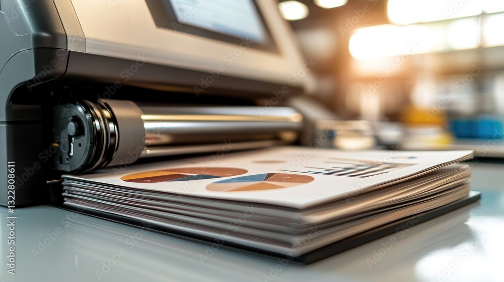 A printing machine prints charts and graphs on paper stacks A printing machine prints charts and graphs on paper stacks