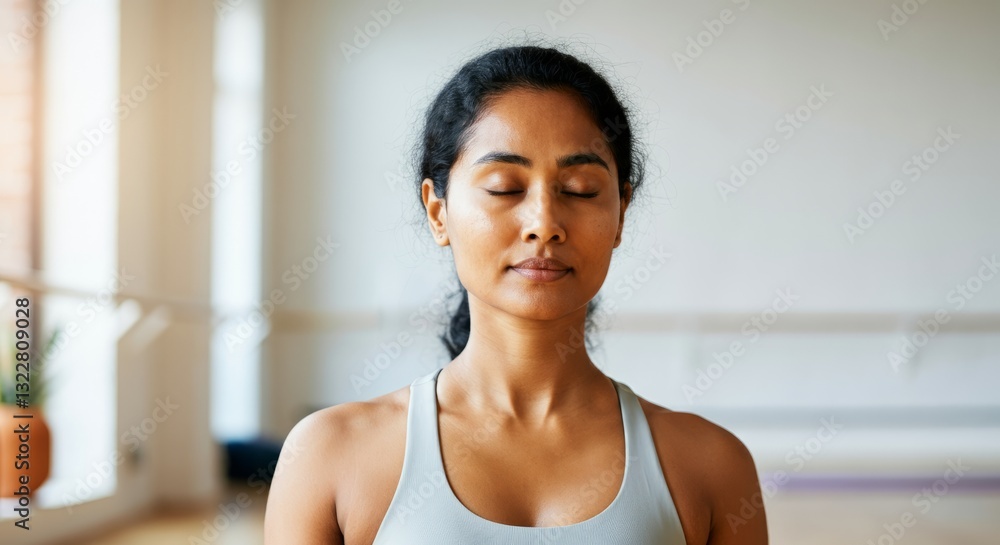 Calm young asian female meditating with eyes closed in yoga studio Calm young asian female meditating with eyes closed in yoga studio