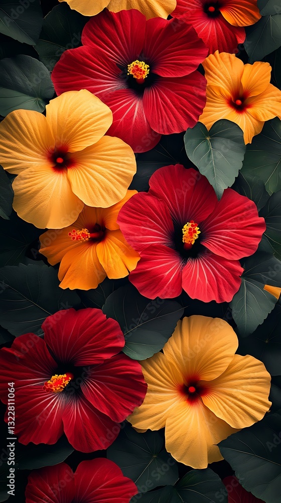 custom made wallpaper toronto digitalBeautiful red and yellow hibiscus flowers with dark green leaves