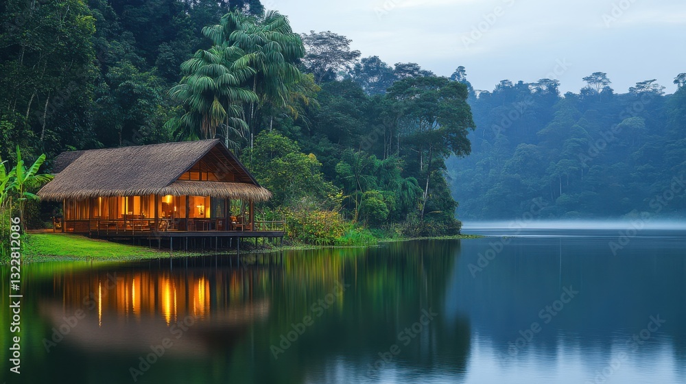 Naklejka premium Serene Eco Resort by a Picturesque Lake Surrounded by Lush Forest