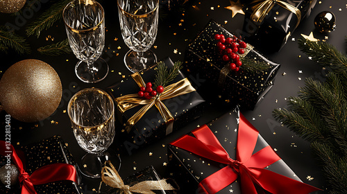 Christmas gift boxes top view background under a decorated with festive ribbons and golden accents