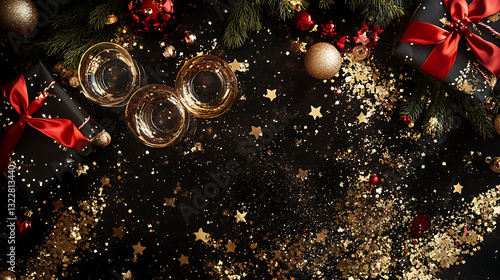 Christmas gift boxes top view background under a decorated with festive ribbons and golden accents