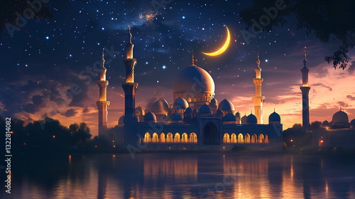Eid Mubarak - Illuminated Mosque at Night with Golden Lights