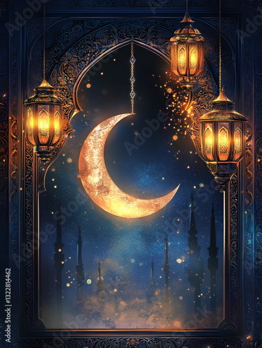 Magical Ramadan and Eid Celebration with Crescent Moon and Mosque Silhouette