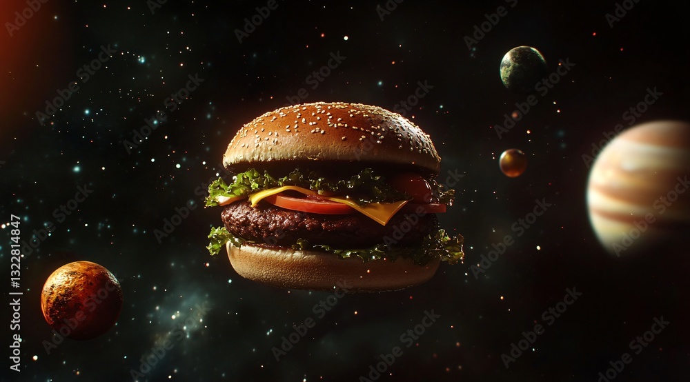 Naklejka premium Delicious Cheeseburger Floating in Space Amongst Planets and Stars