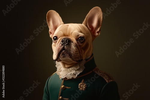 French bulldog in green military-style coat with gold accents and lace cravat in aristocratic portrait style