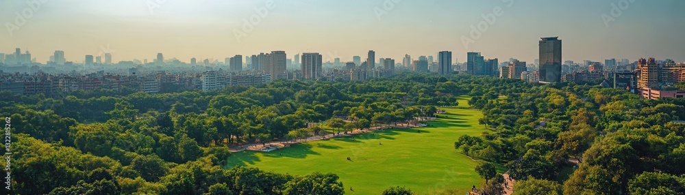 Fototapeta premium Aerial view of a vibrant cityscape featuring a lush green field dotted with trees, contrasting beautifully with the urban skyline, showcasing a harmonious blend of nature and architecture.