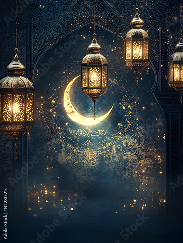 Golden Crescent Moon and Lanterns in a Mystical Eid Night Atmosphere
