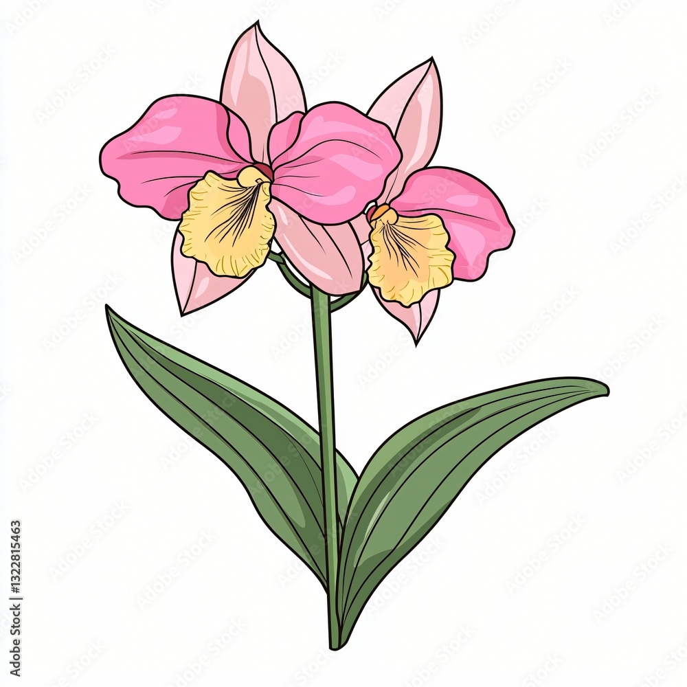 Naklejka premium Elegant Pink Orchid Flower Blossom Illustration Botanical Art Print Floral Design Element