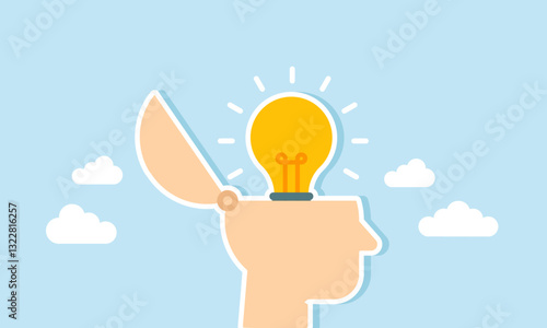A head with a lit lamp inside, illustration of a creative mindset in generating ideas and innovation