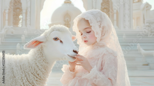 Festive Eid Atmosphere – Children, a White Ram, and a Grand Mosque at Sunset