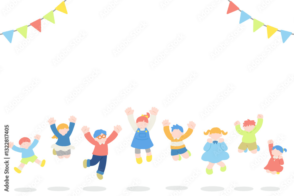 楽しそうにジャンプするこども達とガーランドのフラットなイラスト(セット)
楽しそうにジャンプするこども達とガーランドのフラットなイラスト(セット)