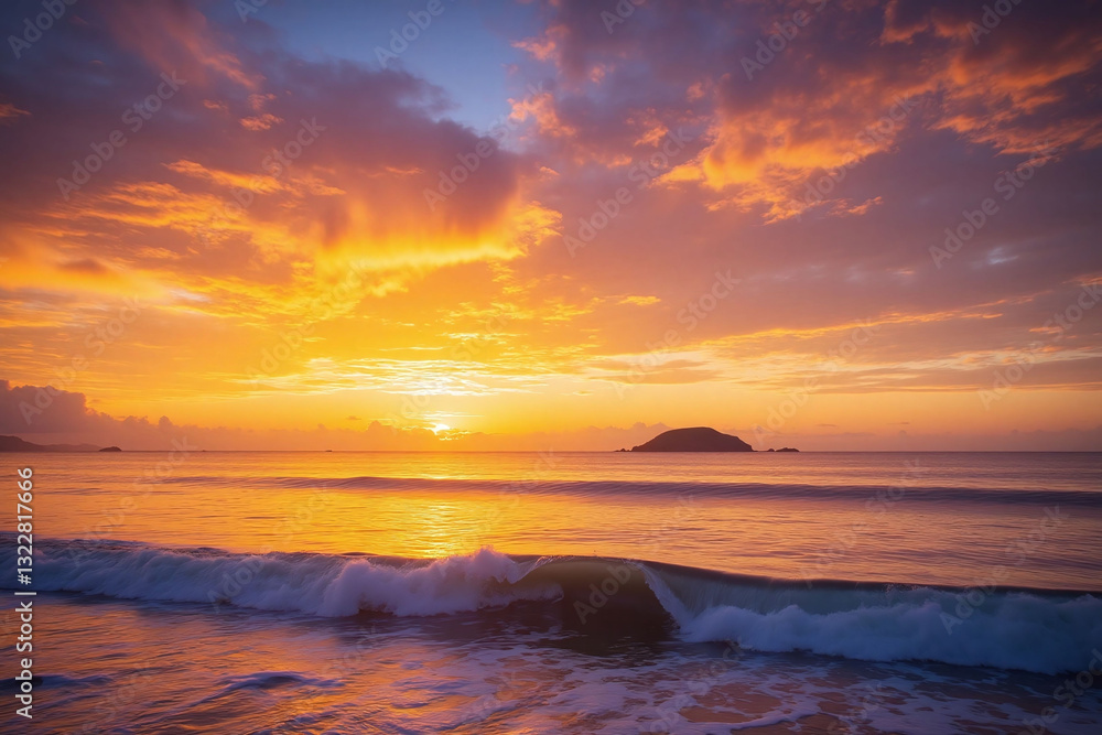 Obraz premium colorful sunset over the ocean with small island in the distance