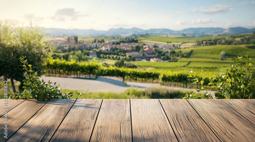 Fototapeta premium Serene vineyard view from a wooden terrace, showcasing lush rolling hills under a clear sky.