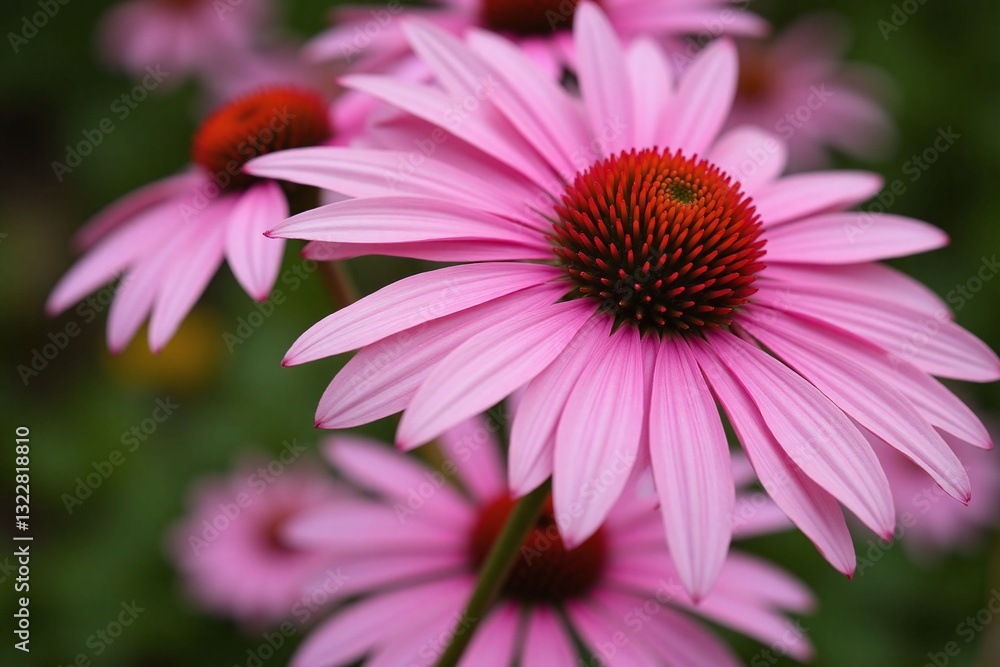 pink flower with red center on green background