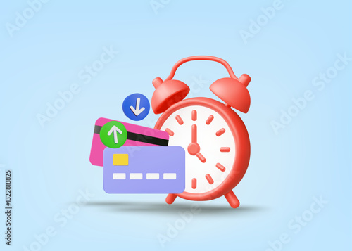 3D illustration vector render of alarm clock icon, credit card and up and down arrows. Concept of debt management and wise credit card usage. Interest, repayment on time, cost control.