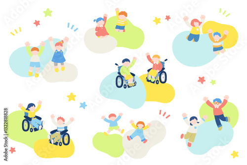 楽しそうにジャンプするこども達のフラットなイラスト(セット)
