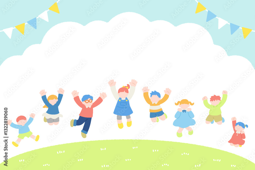 Obraz premium 外で楽しそうにジャンプするこども達のフラットなイラスト(セット) 