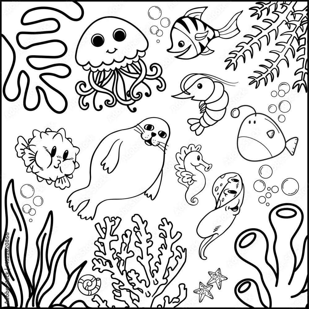 Fototapeta premium Printable coloring page for World Ocean Day concept. Coloring book activity. Outline vector illustration. seahorses, shrimp, walrus, stingray. Black and white line ocean life.