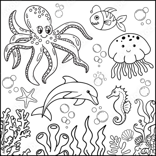 Printable coloring page for World Ocean Day concept. Coloring book activity. Outline vector illustration. Octopus, fish, dolphin, jellyfish, seahorses. Black and white line ocean life.