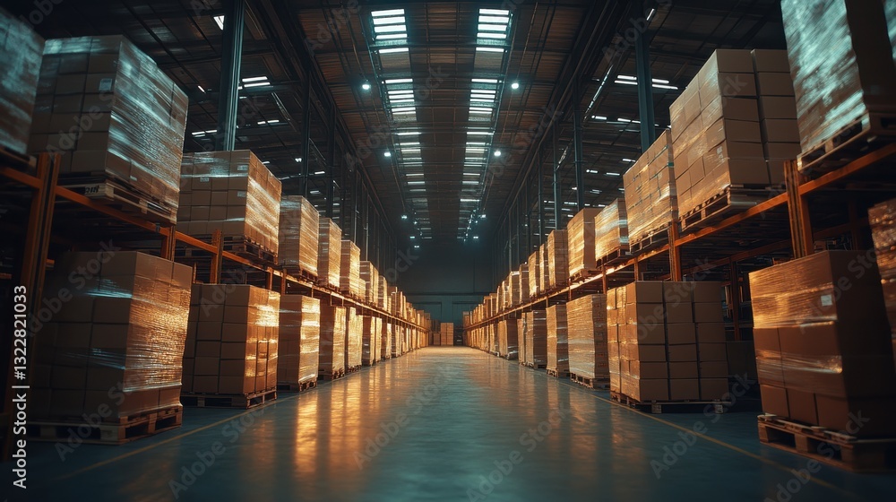 Fototapeta premium Spacious Warehouse Interior with Rows of Boxes and High Ceilings