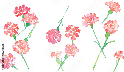 水彩画。水彩タッチの母の日カーネーションイラスト。母の日のカーネーション背景ベクターイラスト。Watercolor painting. Mother's Day carnation illustration with watercolor touch. Mother's day carnation background vector illustration.