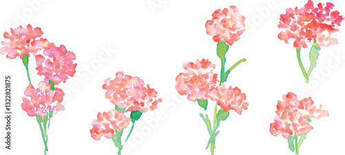 水彩画。水彩タッチの母の日カーネーションイラスト。母の日のカーネーション背景ベクターイラスト。Watercolor painting. Mother's Day carnation illustration with watercolor touch. Mother's day carnation background vector illustration.