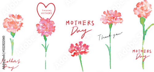 水彩画。水彩タッチの母の日カーネーションイラスト。母の日のカーネーション背景ベクターイラスト。Watercolor painting. Mother's Day carnation illustration with watercolor touch. Mother's day carnation background vector illustration.