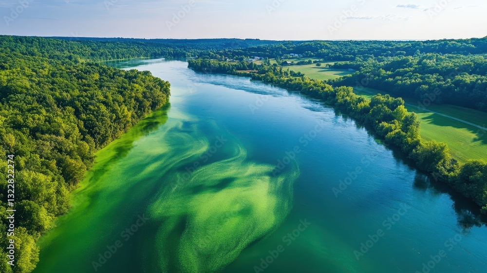 Aerial view of a winding river with vibrant green water, surrounded by lush trees and foliage, reflecting sunlight. The landscape showcases a serene natural environment, ideal for outdoor enthusiasts. Aerial view of a winding river with vibrant green water, surrounded by lush trees and foliage, reflecting sunlight. The landscape showcases a serene natural environment, ideal for outdoor enthusiasts.