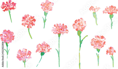 水彩画。水彩タッチの母の日カーネーションイラスト。母の日のカーネーション背景ベクターイラスト。Watercolor painting. Mother's Day carnation illustration with watercolor touch. Mother's day carnation background vector illustration.
