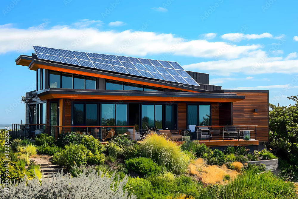 A modern house in a sustainable community, featuring smart design and integrated solar panels, embodies eco-friendly living