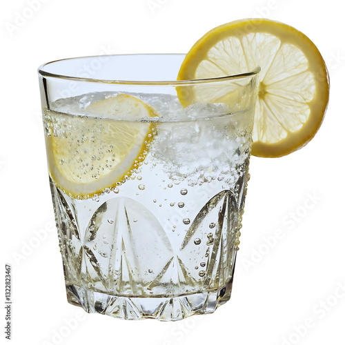 Sparkling Lemon Water Drink in Crystal Glass with Ice Cubes, Refreshing Summer Beverage