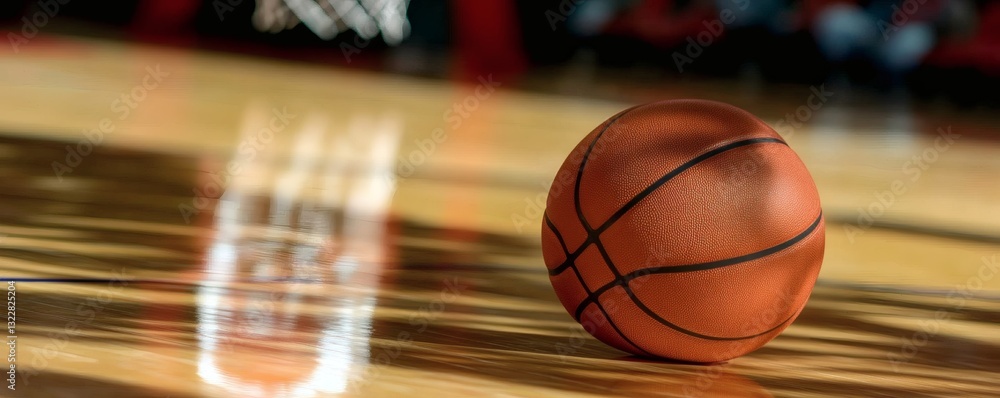 A basketball resting on a polished court with reflections visible A basketball resting on a polished court with reflections visible