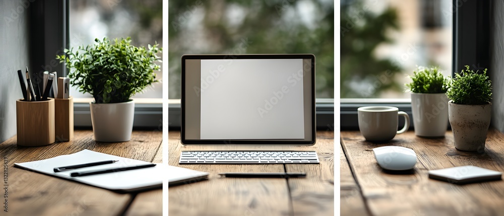 Three panels of modern office interior with laptop Three panels of modern office interior with laptop